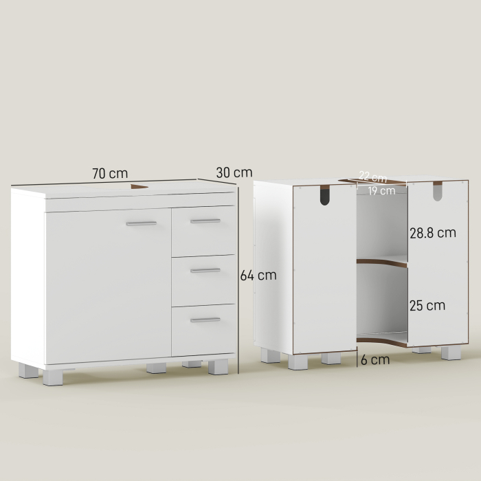  Dulap Sub Lavoar pentru Baie cu Usa Amortizata si 3 Sertare, Decupaj in Forma de U si Rafturi, Dulap Modern si Compact pentru Lavoare cu Piedestal sau Fara, Alb [3]