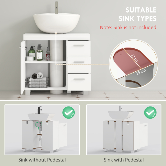  Dulap Sub Lavoar pentru Baie cu Usa Amortizata si 3 Sertare, Decupaj in Forma de U si Rafturi, Dulap Modern si Compact pentru Lavoare cu Piedestal sau Fara, Alb [4]