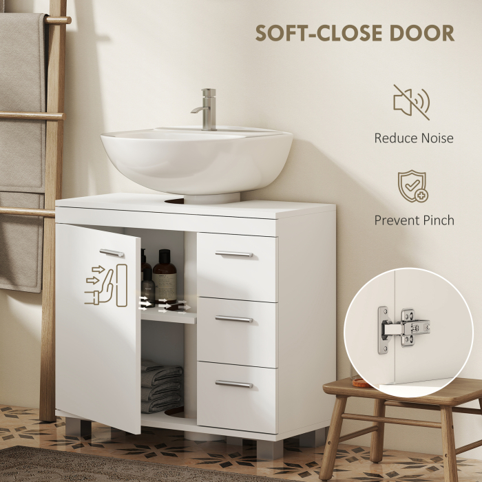  Dulap Sub Lavoar pentru Baie cu Usa Amortizata si 3 Sertare, Decupaj in Forma de U si Rafturi, Dulap Modern si Compact pentru Lavoare cu Piedestal sau Fara, Alb [6]