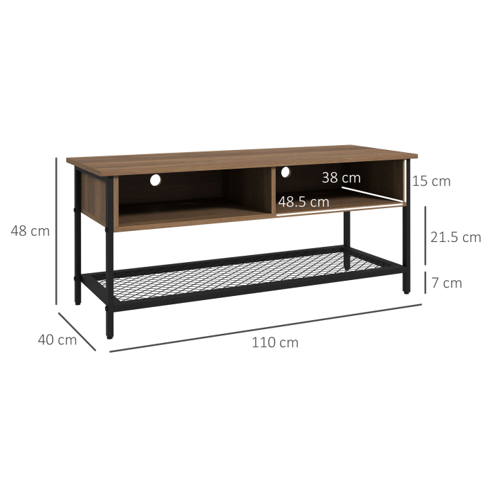  Dulap SuportTV pana la 48" in Stil Industrial, Mobiler Jos cu Rafturi din Lemn si Otel, 110x40x48cm, Maro si Negru [3]
