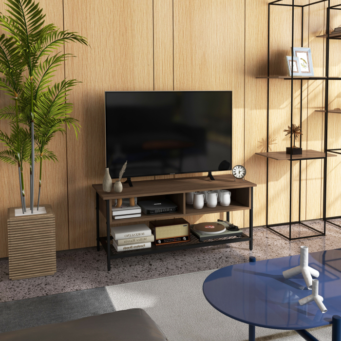 Dulap SuportTV pana la 48" in Stil Industrial, Mobiler Jos cu Rafturi din Lemn si Otel, 110x40x48cm, Maro si Negru [2]