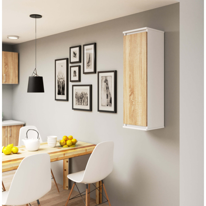 Dulap suspendat, cu usa si 3 rafturi interioare, PAL 16 mm, 30x30x99 cm, alb si stejar sonoma [5]