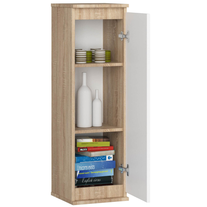 Dulap suspendat, cu usa si 3 rafturi interioare, PAL 16 mm, 30x30x99 cm, stejar sonoma si alb [2]