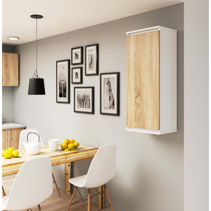 Dulap suspendat, cu usa si 3 rafturi interioare, PAL 16 mm, 40x30x99 cm, alb si stejar sonoma [5]