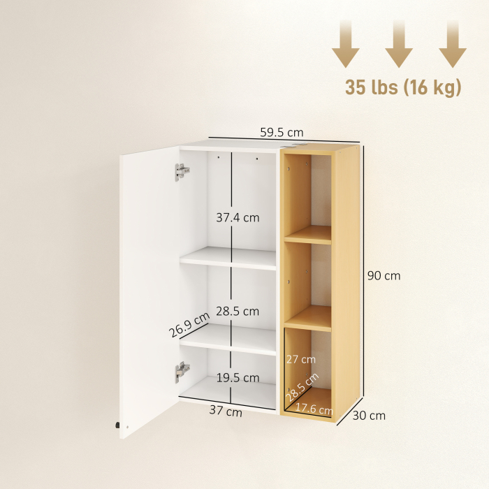  Dulap Suspendat pentru Baie cu Rafturi Reglabile si 3 Polite Deschise, 59,5x30x90 cm, Alb si Lemn [3]