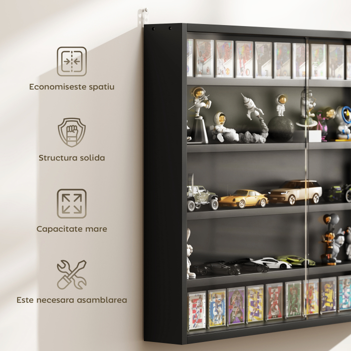  Dulap Tip Vitrina de Expozitie cu Rafturi Reglabile, Montata pe Perete, Negru [6]