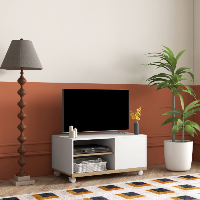  Dulap TV 42" Max cu 2 Rafturi deschise si Usa, Dulap TV Jos din PAL cu Roti, 80x45x39.5 cm, Alb [2]