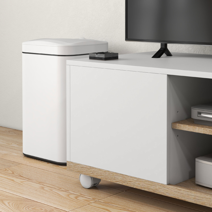  Dulap TV 42" Max cu 2 Rafturi deschise si Usa, Dulap TV Jos din PAL cu Roti, 80x45x39.5 cm, Alb [9]