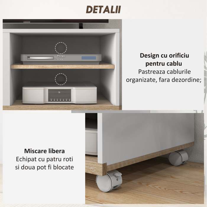  Dulap TV 42" Max cu 2 Rafturi deschise si Usa, Dulap TV Jos din PAL cu Roti, 80x45x39.5 cm, Alb [6]