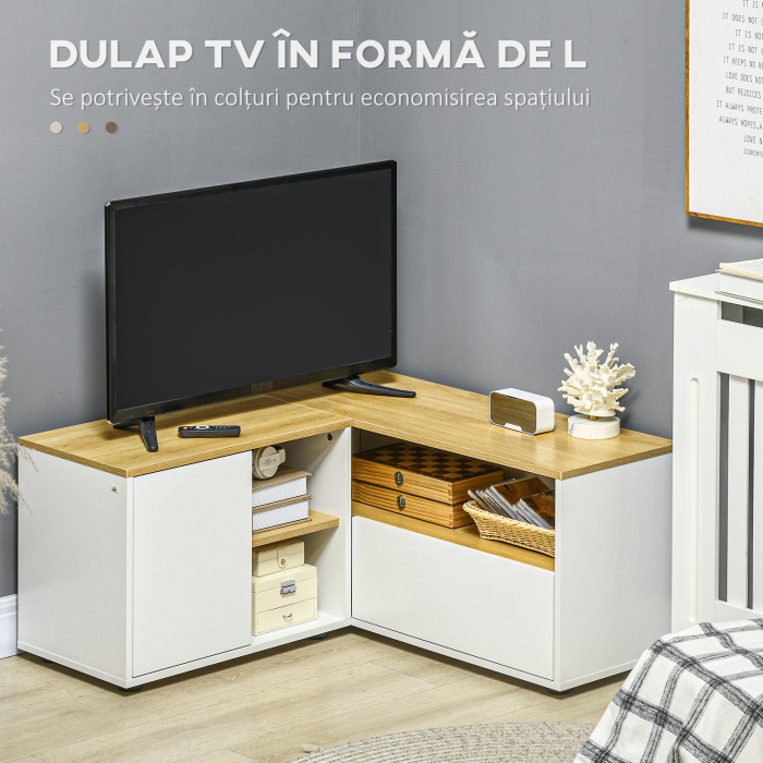  Dulap TV in Forma L - 90×90×45 cm cu Rafturi si Dulapuri [4]