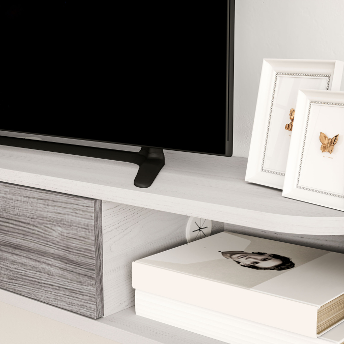  Dulap TV Suspendat din Lemn cu 2 Rafturi Deschise si Dulap, 120x26x16 cm, Alb si Gri [9]