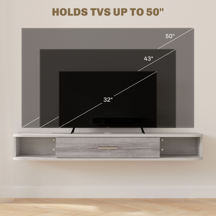  Dulap TV Suspendat din Lemn cu 2 Rafturi Deschise si Dulap, 120x26x16 cm, Alb si Gri [6]