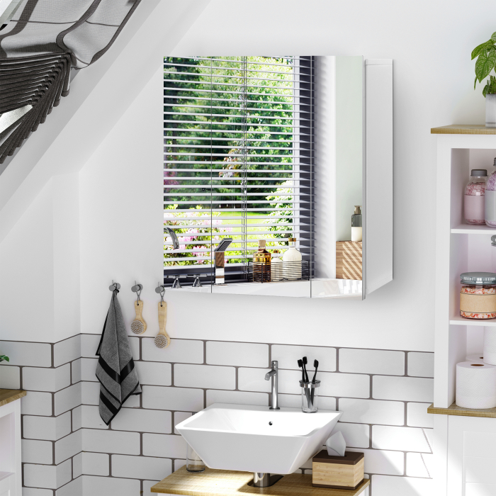  Dulapior Baie cu 3 Usi cu Oglinda, Dulapior Suspendat Baie din lemn Alb, Etajere Interioare Reglabile, 70x15x60cm [2]