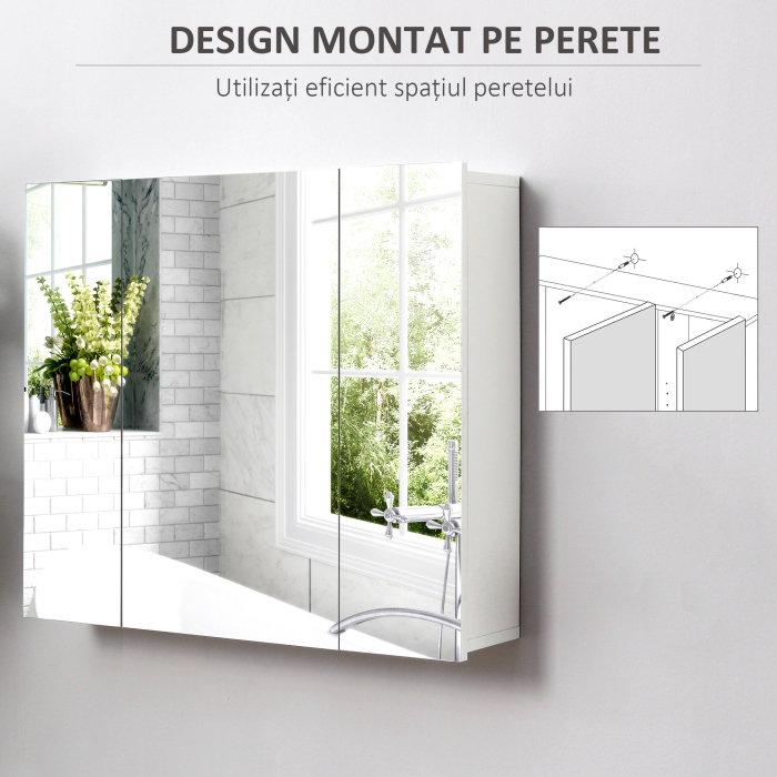  Dulapior Baie cu 3 Usi cu Oglinda, Dulapior Suspendat Baie din lemn Alb, Etajere Interioare Reglabile, 70x15x60cm [4]