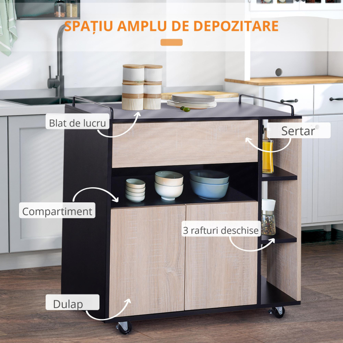  Dulapior Bucatarie cu Roti - Stejar & Negru, 76.5×40×82 cm [4]