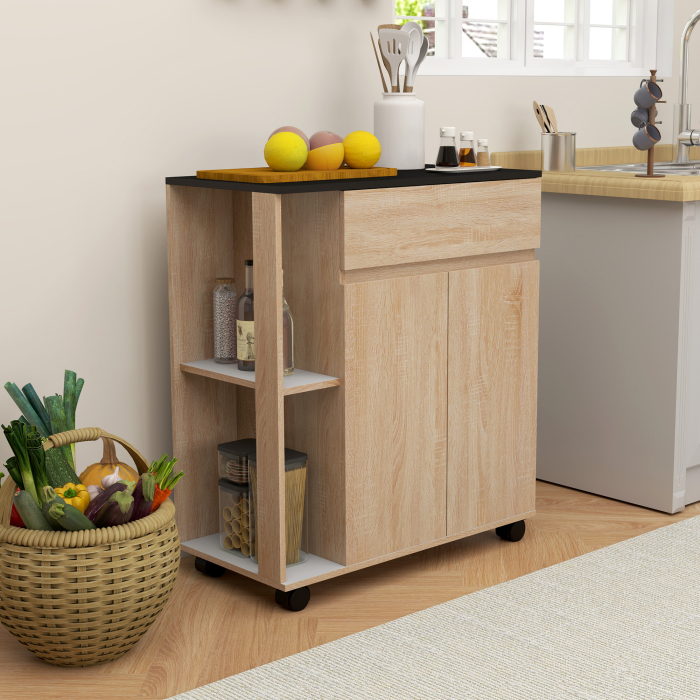  Dulapior Bucatarie - Lemn Stejar & Negru, Cu Sertare & Roti [9]