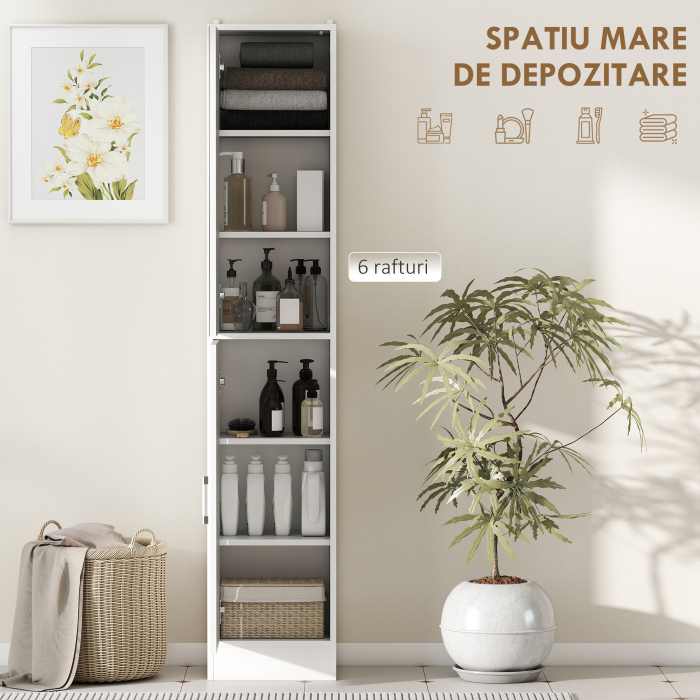  Dulapior Coloana de Baie din Lemn cu 5 Rafturi si Usa cu Oglinda, 32x28x162 cm, Alb [4]
