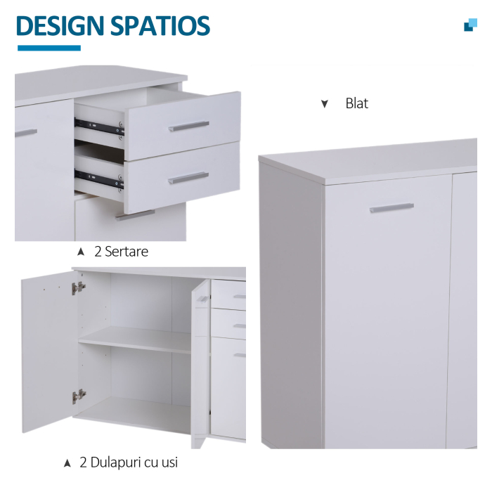 Dulapior cu 3 Usi si 2 Sertare in Lemn Granulat, Alb, 106x35x76cm [4]