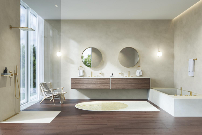 Dus fix Grohe 26479GN0, SmartActive 310 Cube, pe perete, 310 mm, 2 functii, necesita valva, mat, auriu [3]