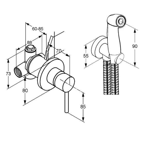 Dus igienic cu baterie Kludi Bozz cu agatatoare, para, furtun si baterie incastrata [3]