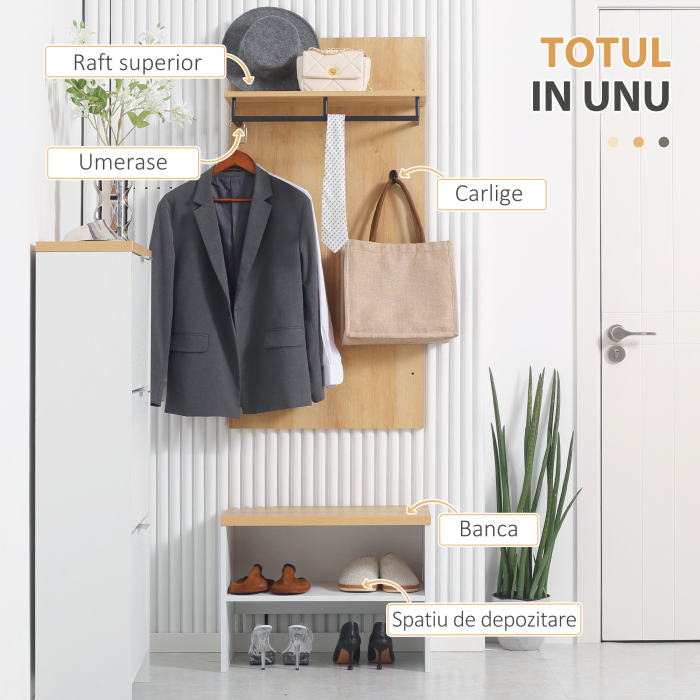  Entryway Organizer with Shoe Bench, Shoe Rack, Hall Tree with 4 Hooks, Coat Rack for Hallway, White and Natural [4]