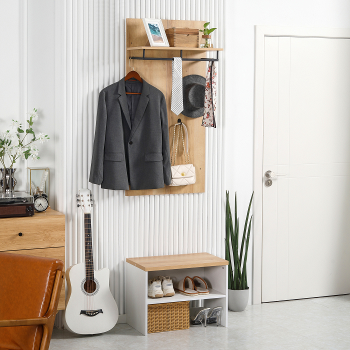  Entryway Organizer with Shoe Bench, Shoe Rack, Hall Tree with 4 Hooks, Coat Rack for Hallway, White and Natural [2]