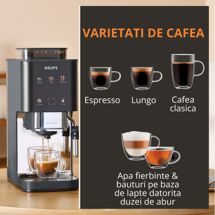 Espressor semi-automat Krups Coffee Crush SA404BE1, 1370 W, 15 bari, 6 retete, sistem bean-to-cup, rasnita inox, duza de abur pentru spumarea laptelui [6]