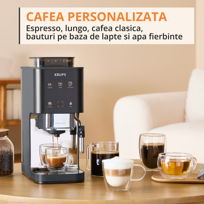 Espressor semi-automat Krups Coffee Crush SA404BE1, 1370 W, 15 bari, 6 retete, sistem bean-to-cup, rasnita inox, duza de abur pentru spumarea laptelui [2]