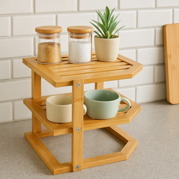 Etajera colt 5Five pentru bucatarie, 2 niveluri, bambus, 25x23x25 cm, maro natural [4]