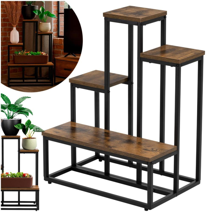 Etajera cu 4 rafturi din metal si MDF, 51x34x67 cm, negru si maro [7]