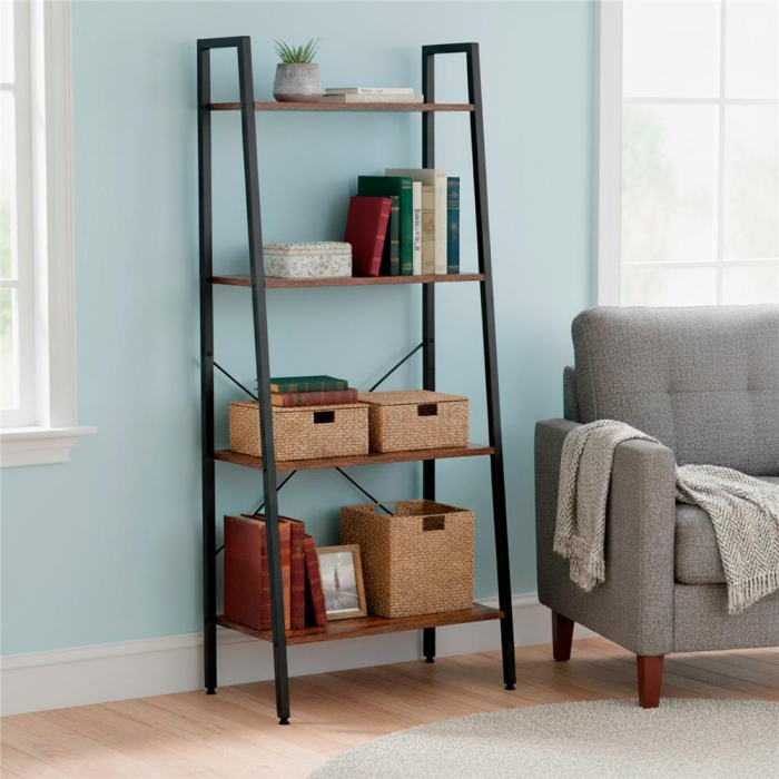 Etajera cu 4 rafturi, metal si MDF, stil industrial, 56x34x138 cm, maro inchis si negru [8]