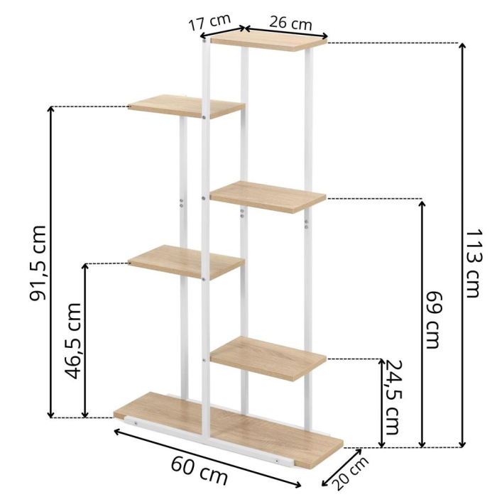 Etajera cu 6 rafturi din metal si MDF, 60x20x113 cm, alb si maro [16]