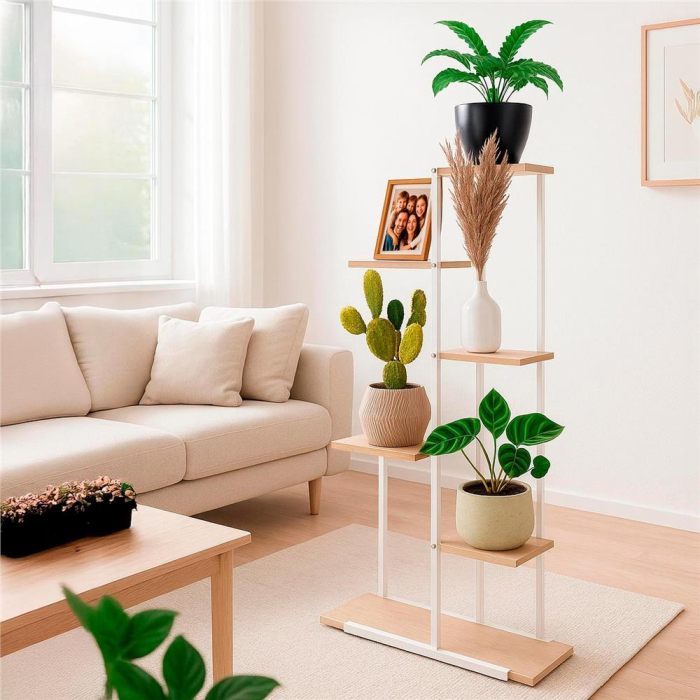 Etajera cu 6 rafturi din metal si MDF, 60x20x113 cm, alb si maro [12]