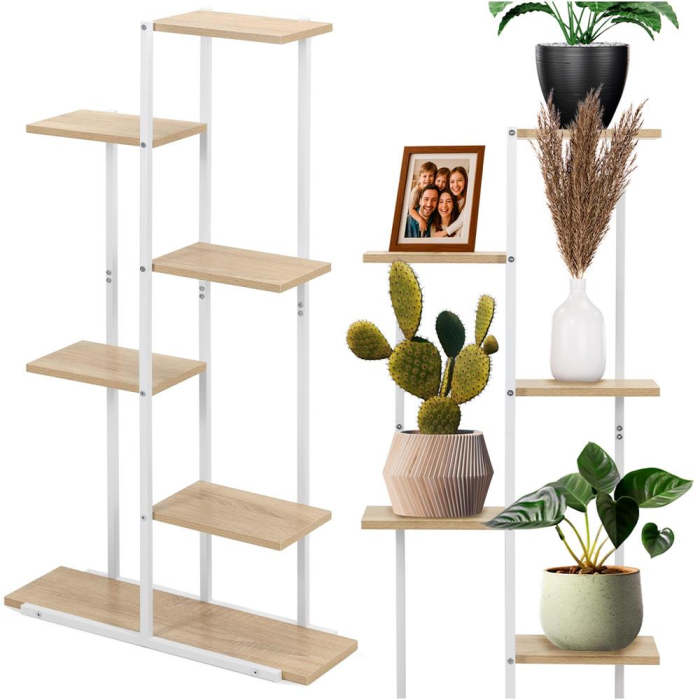 Etajera cu 6 rafturi din metal si MDF, 60x20x113 cm, alb si maro [4]