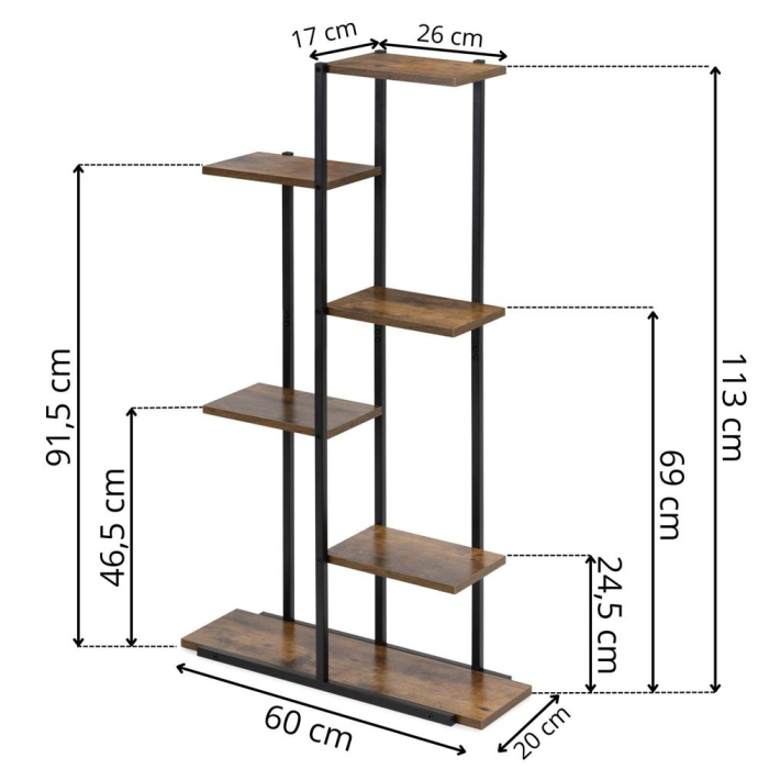 Etajera cu 6 rafturi din metal si MDF, 60x20x113 cm, negru si maro [16]
