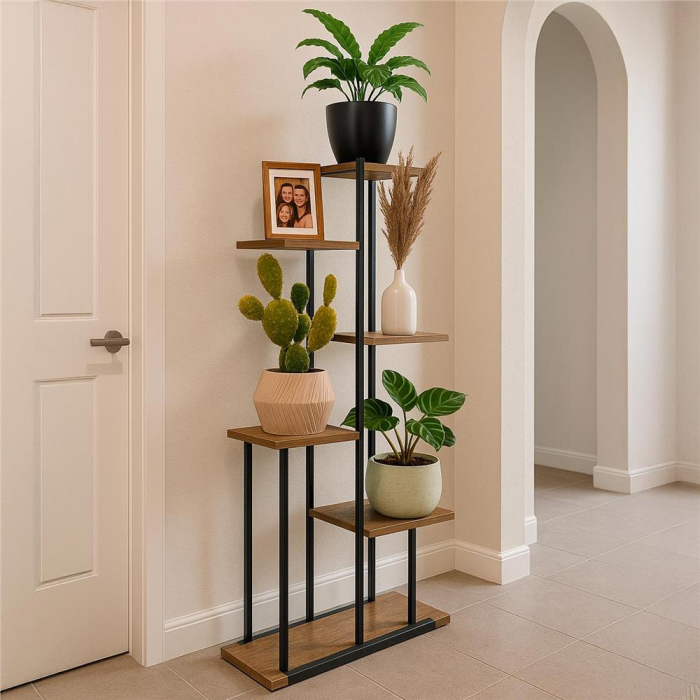 Etajera cu 6 rafturi din metal si MDF, 60x20x113 cm, negru si maro [12]