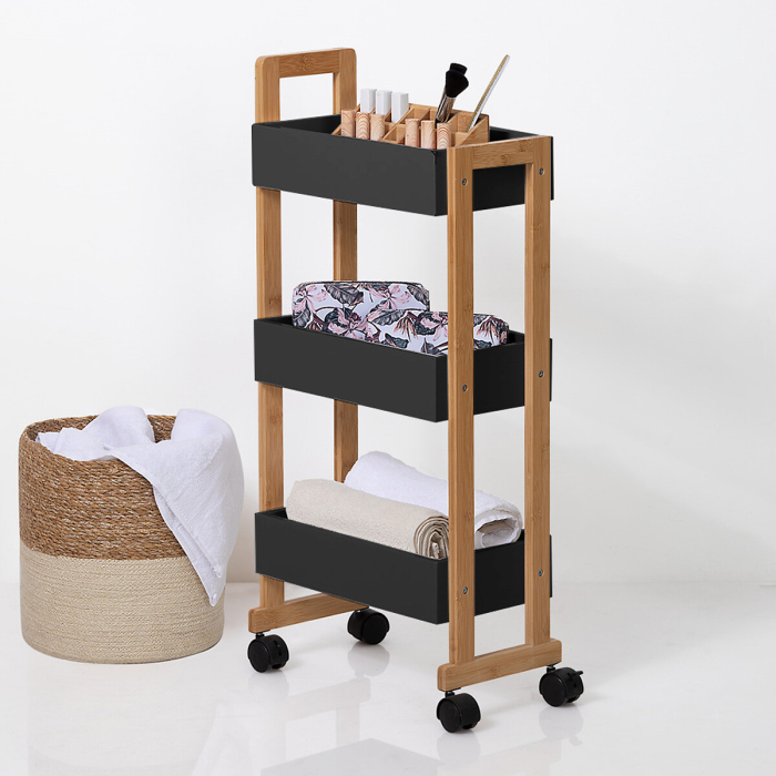 Etajera cu roti Atmosphera Natureo cu 3 niveluri, bambus si MDF, 41x20x81 cm, negru [3]