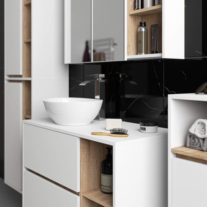 Etajera de baie suspendata, cu 2 usi, PAL 16 mm, 35x30x80 cm, alb si stejar sonoma [7]