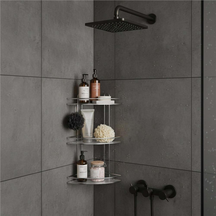 Etajera colt dus 3 polite inox, montaj perete, max 9 kg, margini protectie, 25x25x59 cm, argintiu [8]