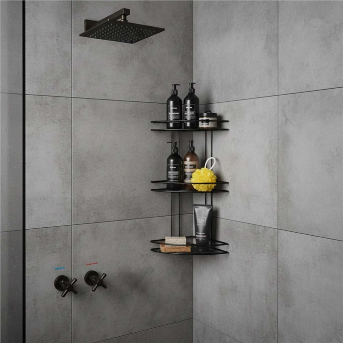 Etajera colt dus 3 polite inox, montaj perete, max 9 kg, margini protectie 4 cm, 25x25x59 cm, negru [7]