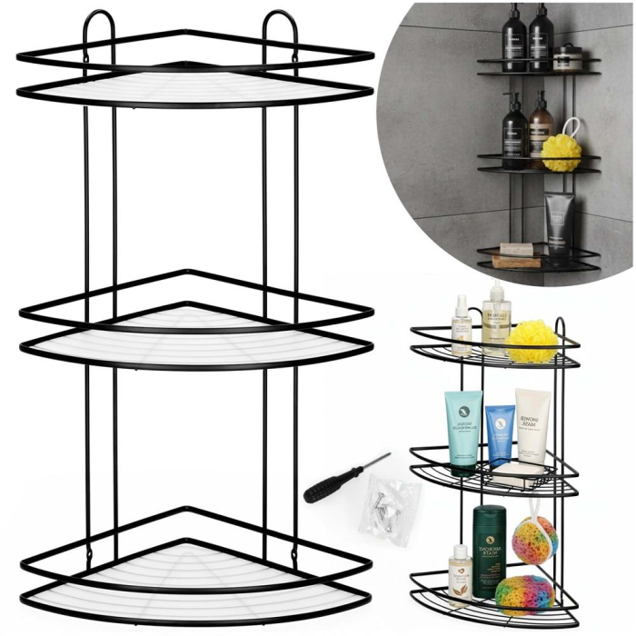 Etajera colt dus 3 polite inox, montaj perete, max 9 kg, margini protectie 4 cm, 25x25x59 cm, negru [6]
