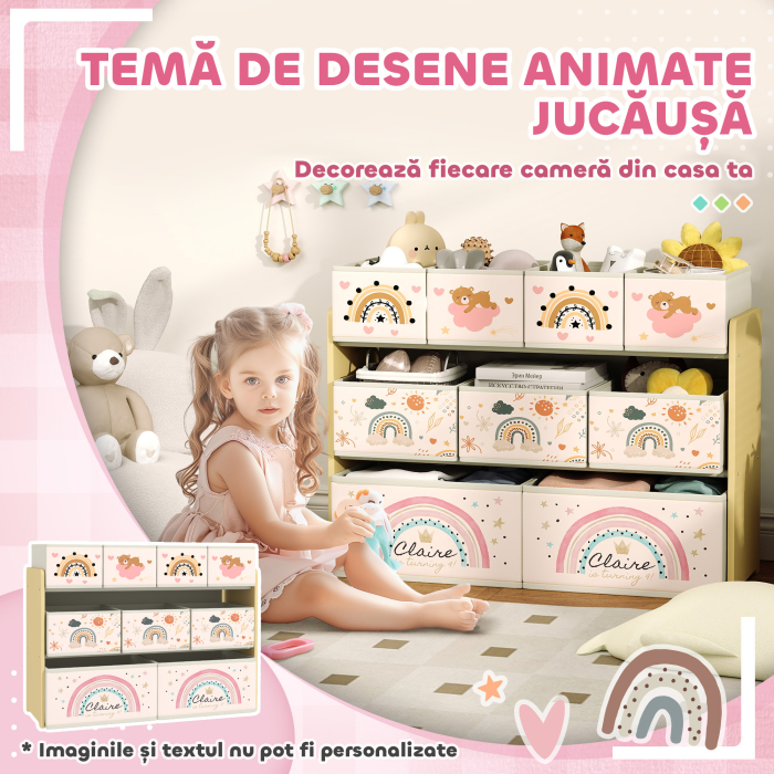  Etajera Depozitare Jucarii cu 3 Niveluri si 9 Cutii de tesatura, Mobilier Depozitare Jucarii, 93x30x70 cm, Galben [6]