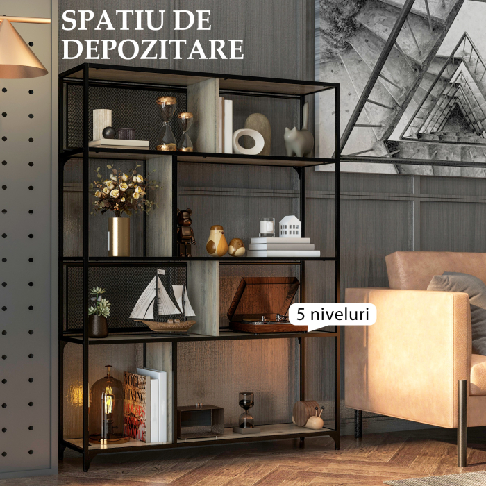  Etajera Industriala cu 5 Niveluri si 2 Usi Culisante, Raft pentru Carti din Lemn si Otel, 120x30x161 cm, Gri [5]