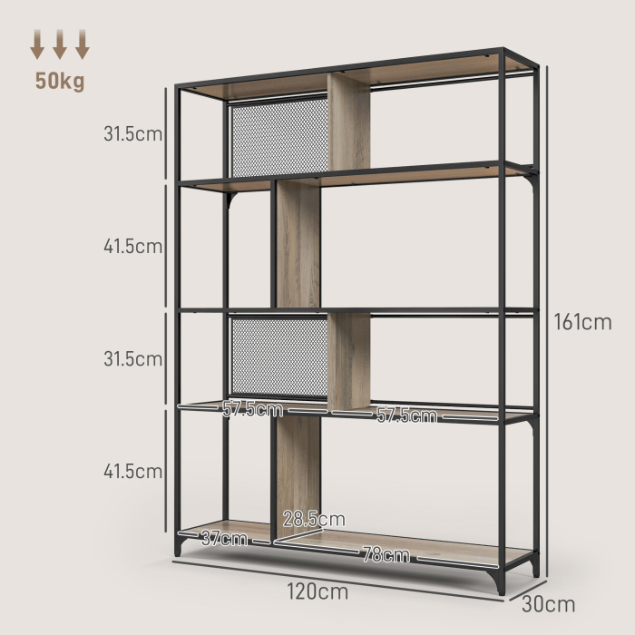  Etajera Industriala cu 5 Niveluri si 2 Usi Culisante, Raft pentru Carti din Lemn si Otel, 120x30x161 cm, Gri [3]