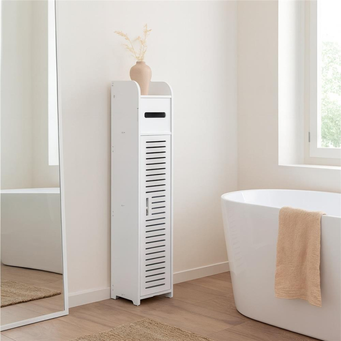 Etajera ingusta pentru baie, 3 rafturi si sertar suport hartie igienica, 80x17x16 cm, alb [15]