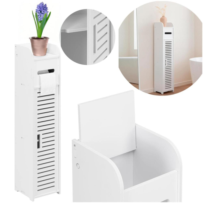 Etajera ingusta pentru baie, 3 rafturi si sertar suport hartie igienica, 80x17x16 cm, alb [3]