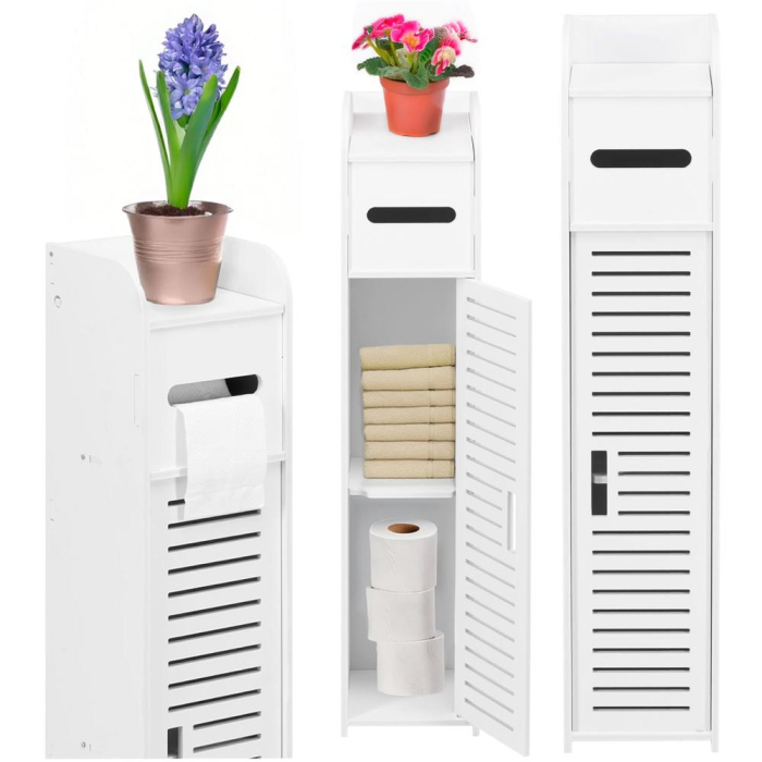 Etajera ingusta pentru baie, 3 rafturi si sertar suport hartie igienica, 80x17x16 cm, alb [4]