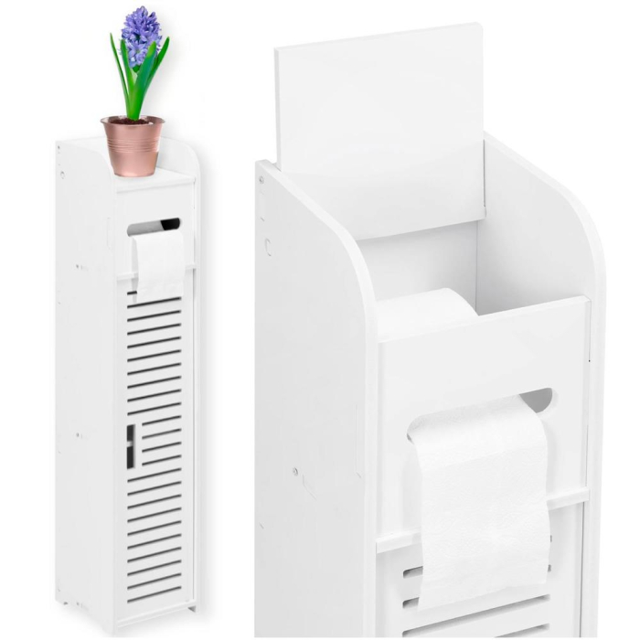 Etajera ingusta pentru baie, 3 rafturi si sertar suport hartie igienica, 80x17x16 cm, alb [8]