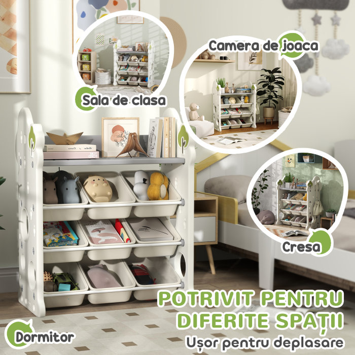  Etajera pentru Copii, Organizator de Depozitare Jucarii cu 4 Niveluri si 9 Cosuri, 77x42x94 cm, Crem Alb [7]