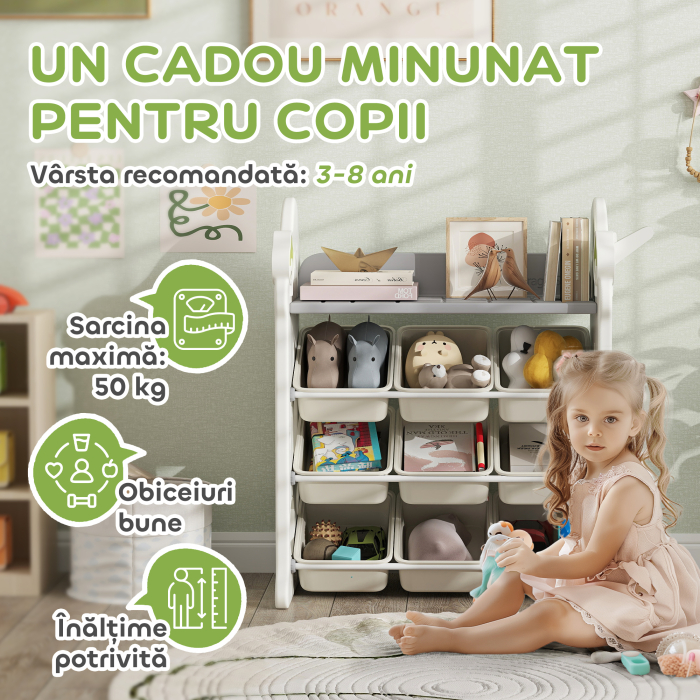 Etajera pentru Copii, Organizator de Depozitare Jucarii cu 4 Niveluri si 9 Cosuri, 77x42x94 cm, Crem Alb [5]